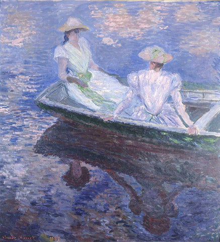 On the Boat White Modern Wood Framed Art Print with Double Matting by Monet, Claude