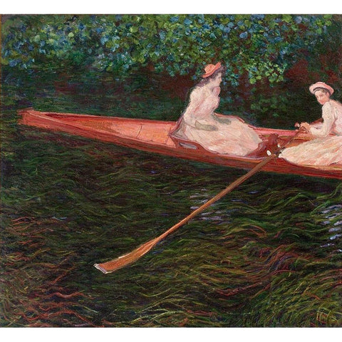 Canoe Gold Ornate Wood Framed Art Print with Double Matting by Monet, Claude