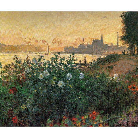 Flowered Riverbank, Argenteuil Black Modern Wood Framed Art Print with Double Matting by Monet, Claude