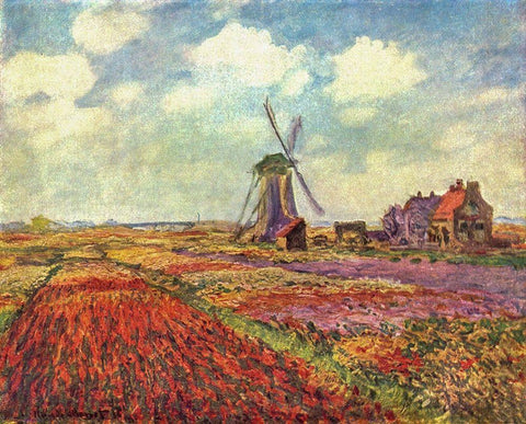 Tulip Field White Modern Wood Framed Art Print with Double Matting by Monet, Claude