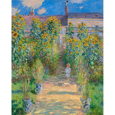 Garden of the artist at Vetheuil Gold Ornate Wood Framed Art Print with Double Matting by Monet, Claude