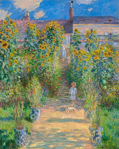 Garden of the artist at Vetheuil White Modern Wood Framed Art Print with Double Matting by Monet, Claude