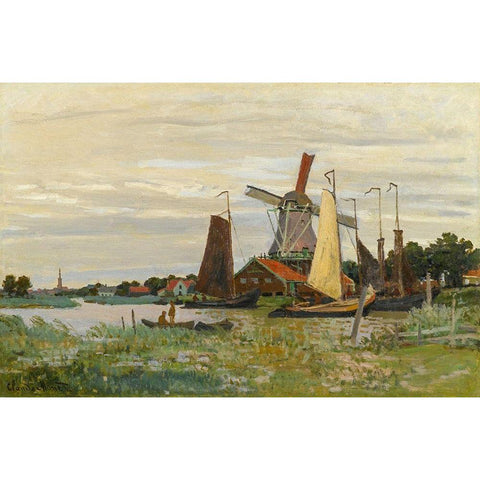 Un Moulin Ã  Zaandam Black Modern Wood Framed Art Print with Double Matting by Monet, Claude