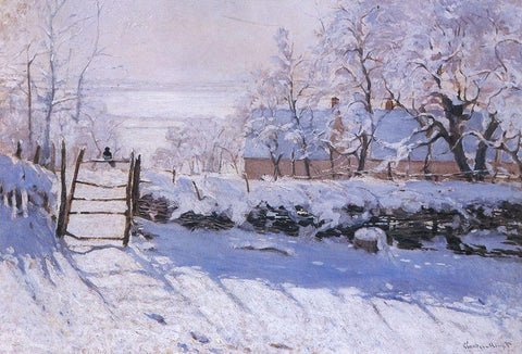 The magpie White Modern Wood Framed Art Print with Double Matting by Monet, Claude