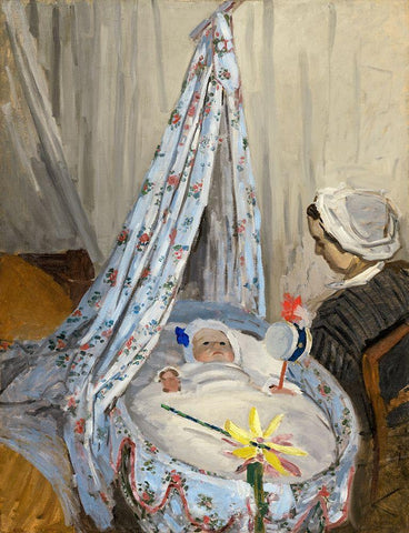Jean Monet in the cradle White Modern Wood Framed Art Print with Double Matting by Monet, Claude