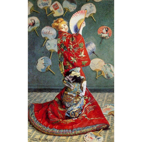 Madame Monet in a Japanese costume Black Modern Wood Framed Art Print with Double Matting by Monet, Claude