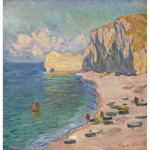 The Beach and the Falaise d Amont White Modern Wood Framed Art Print by Monet, Claude