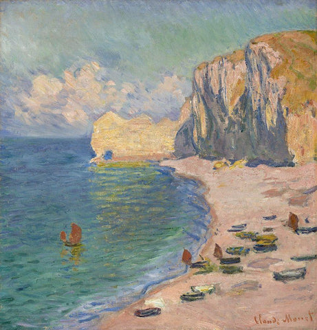 The Beach and the Falaise d Amont Black Ornate Wood Framed Art Print with Double Matting by Monet, Claude