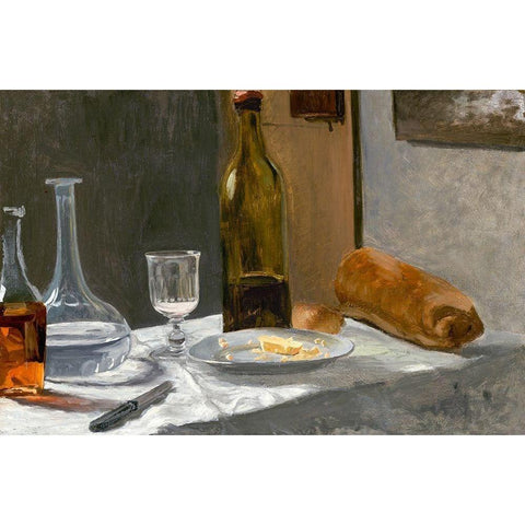 Still Life with Bottle, Carafe, Bread, and Wine Black Modern Wood Framed Art Print with Double Matting by Monet, Claude