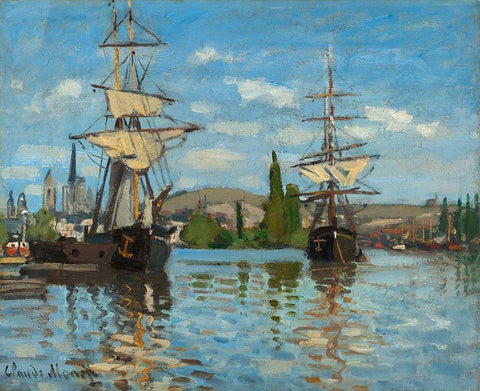 Ships Riding on the Seine at Rouen Black Ornate Wood Framed Art Print with Double Matting by Monet, Claude