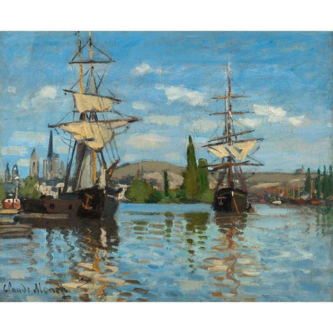 Ships Riding on the Seine at Rouen Black Modern Wood Framed Art Print with Double Matting by Monet, Claude