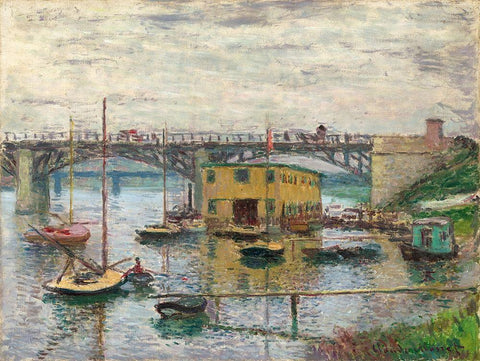Bridge at Argenteuil on a Gray Day White Modern Wood Framed Art Print with Double Matting by Monet, Claude