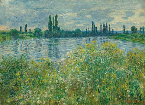 Banks of the Seine, Vetheuil White Modern Wood Framed Art Print with Double Matting by Monet, Claude