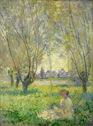 Woman Seated under the Willows White Modern Wood Framed Art Print with Double Matting by Monet, Claude