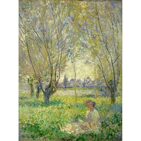 Woman Seated under the Willows Gold Ornate Wood Framed Art Print with Double Matting by Monet, Claude