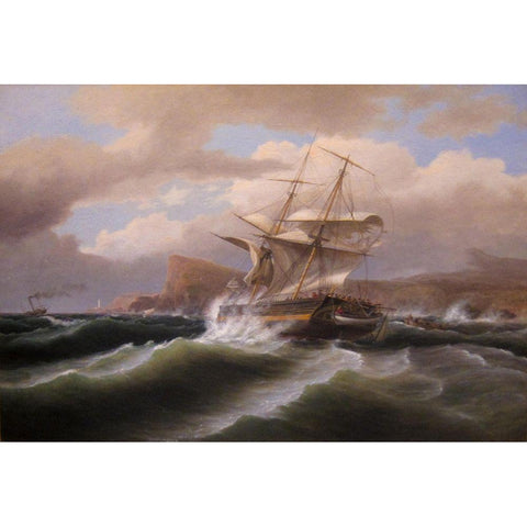 An American Ship in Distress Black Modern Wood Framed Art Print with Double Matting by Birch, Thomas