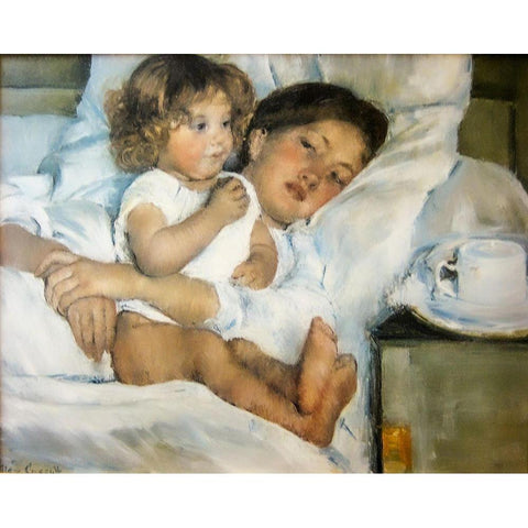 Breakfast in Bed White Modern Wood Framed Art Print by Cassatt, Mary