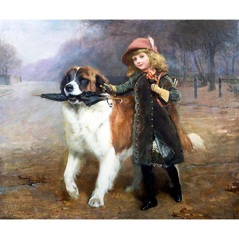 Off to School Gold Ornate Wood Framed Art Print with Double Matting by Barber, Charles Burton