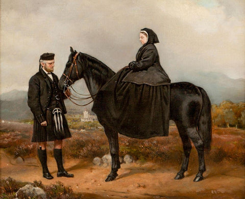 Queen Victoria with John Brown Black Ornate Wood Framed Art Print with Double Matting by Barber, Charles Burton