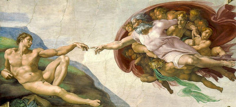 The Creation of Adam White Modern Wood Framed Art Print with Double Matting by Michelangelo