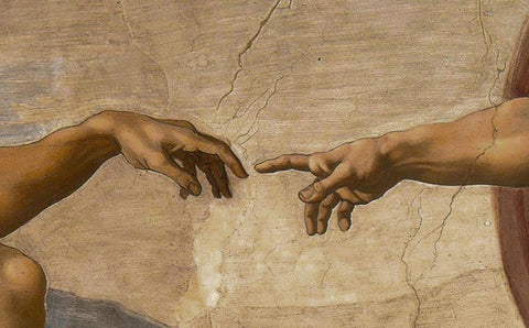 The Creation of Adam Detail White Modern Wood Framed Art Print with Double Matting by Michelangelo