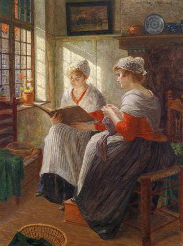 Two Girls at the Window Black Ornate Wood Framed Art Print with Double Matting by Firle, Walter