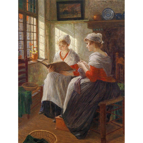 Two Girls at the Window Black Modern Wood Framed Art Print with Double Matting by Firle, Walter
