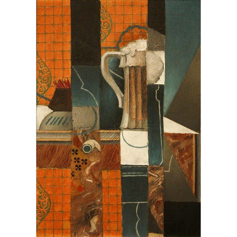 Playing Cards and Glass of Beer White Modern Wood Framed Art Print by Gris, Juan