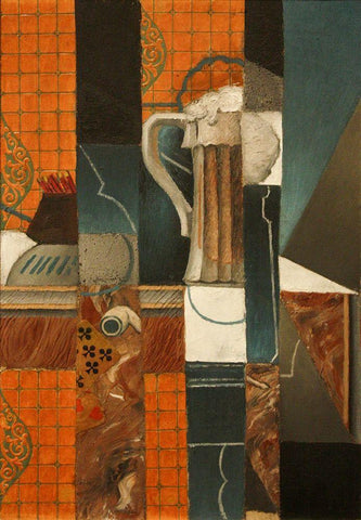 Playing Cards and Glass of Beer Black Ornate Wood Framed Art Print with Double Matting by Gris, Juan