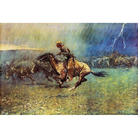 The Stampede White Modern Wood Framed Art Print by Remington, Frederic