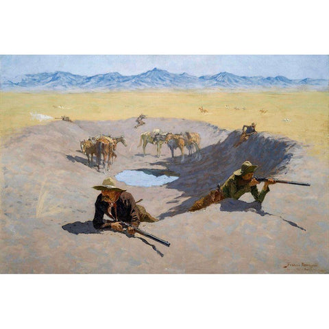 Fight for the Water Hole Black Modern Wood Framed Art Print with Double Matting by Remington, Frederic