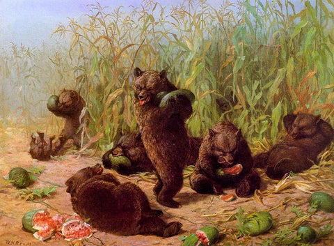 Bears in the Watermelon Patch Black Ornate Wood Framed Art Print with Double Matting by Beard, William Holbrook