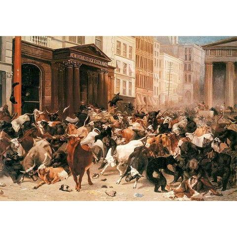 Bulls and Bears in the Market Black Modern Wood Framed Art Print with Double Matting by Beard, William Holbrook