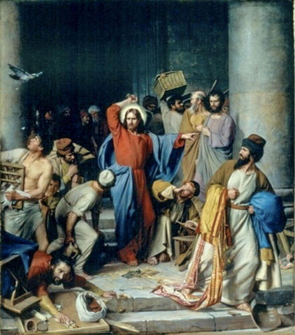 Jesus casting out the money changers at the temple White Modern Wood Framed Art Print with Double Matting by Bloch, Carl