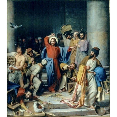 Jesus casting out the money changers at the temple White Modern Wood Framed Art Print by Bloch, Carl