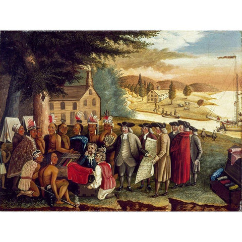 Penns Treaty with the Indians Black Modern Wood Framed Art Print with Double Matting by Hicks, Edward