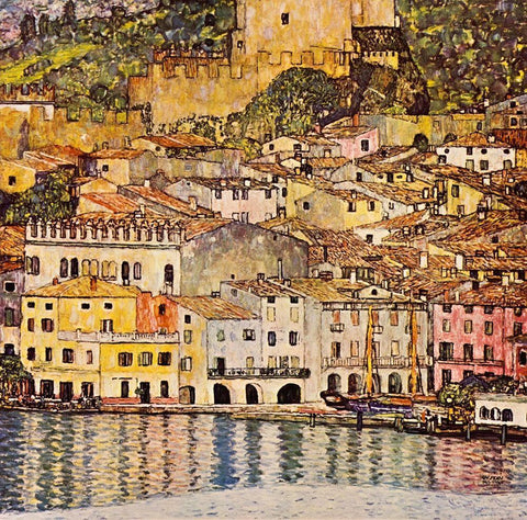 Malcesine On Lake Garda 1913 Black Ornate Wood Framed Art Print with Double Matting by Klimt, Gustav