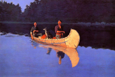 Evening On A Canadian Lake-Two men and a dog in a canoe Black Ornate Wood Framed Art Print with Double Matting by Remington, Frederic