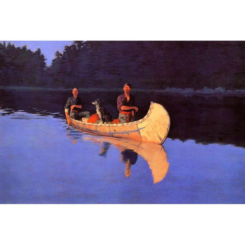 Evening On A Canadian Lake-Two men and a dog in a canoe Black Modern Wood Framed Art Print with Double Matting by Remington, Frederic