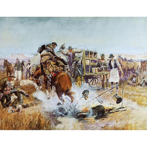 Bronc to Breakfast Gold Ornate Wood Framed Art Print with Double Matting by Russell, Charles Marion