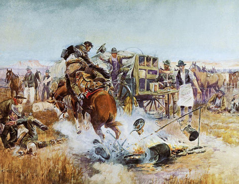 Bronc to Breakfast White Modern Wood Framed Art Print with Double Matting by Russell, Charles Marion