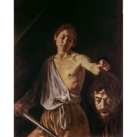 David With The Head of Goliath Gold Ornate Wood Framed Art Print with Double Matting by Caravaggio