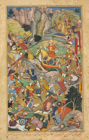 Humayun Defeating the Afghans before Reconquering India, c.1590 Black Ornate Wood Framed Art Print with Double Matting by Mughal school, 16th century