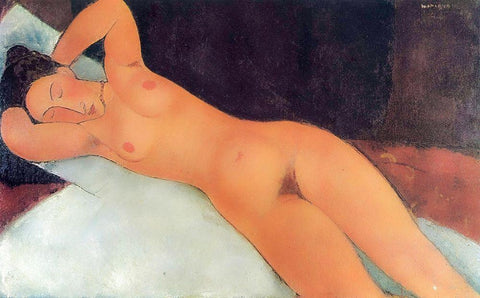 Eyes Closed Reclining Nude Black Ornate Wood Framed Art Print with Double Matting by Modigliani, Amedeo