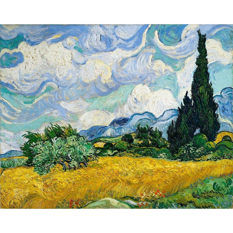 Wheat Field with Cypresses (1889) Black Modern Wood Framed Art Print with Double Matting by Van Gogh, Vincent