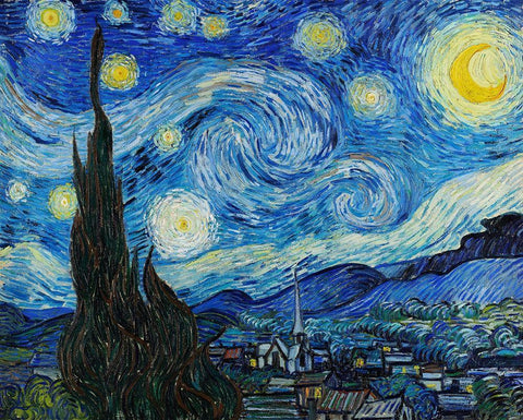 The Starry Night (1889) White Modern Wood Framed Art Print with Double Matting by Van Gogh, Vincent