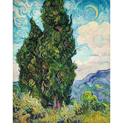 Cypresses (1889) Black Modern Wood Framed Art Print with Double Matting by Van Gogh, Vincent