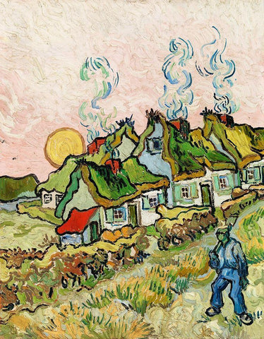 Houses and Figure (1890) White Modern Wood Framed Art Print with Double Matting by Van Gogh, Vincent