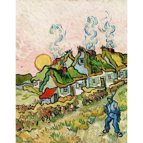 Houses and Figure (1890) Gold Ornate Wood Framed Art Print with Double Matting by Van Gogh, Vincent