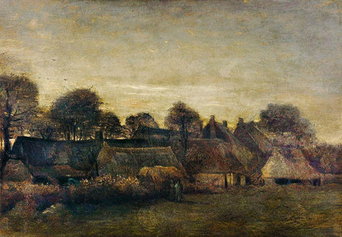 Farming Village at Twilight (1884) White Modern Wood Framed Art Print with Double Matting by Van Gogh, Vincent